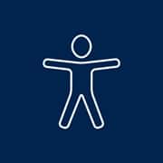 A blue graphic with a white icon of a person.