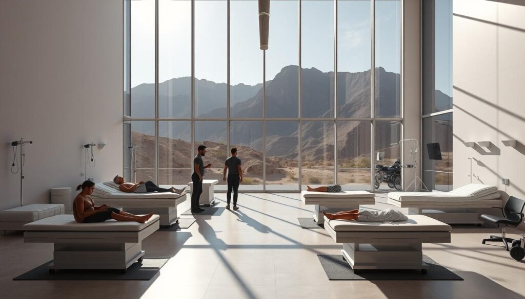 A modern, well-equipped sports rehabilitation center nestled in the scenic landscapes of Baja California. The sprawling facility boasts state-of-the-art treatment rooms and recovery spaces, with large windows offering panoramic views of the rugged terrain. Sunlight floods the airy interiors, casting a warm, soothing glow. Elite athletes engage in tailored physical therapy, supported by a team of dedicated medical professionals. The atmosphere exudes a sense of determination and resilience, as patients work to overcome their injuries and regain peak performance. Sleek, minimalist design complements the serene, natural setting, creating an environment conducive to healing and rejuvenation.