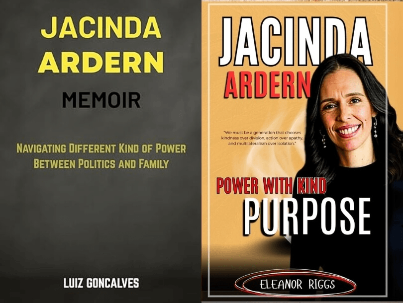 Two book covers about Jacinda Ardern. The left cover is minimalist with yellow and gray text. The right cover features Jacinda Ardern smiling, with bold text and a black-and-yellow color scheme.