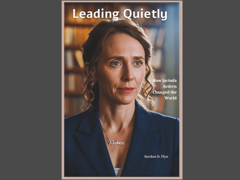 A woman in a blue blazer wears a necklace reading "Kindness." Text above her says "Leading Quietly." To the right, it reads, "How Jacinda Ardern Changed the World." Below, the author is listed as Gordon D. Flyn.